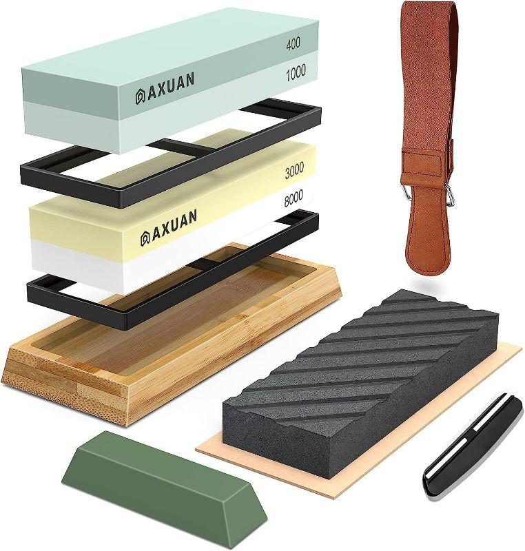 Photo 1 of AXUAN Sharpening Stone Whetstone Set,Premium 4 Side Grit 400/1000 3000/8000,Professional Kitchen Knife Sharpener Kit with NonSlip Bamboo Base,Leather Strop,Flattening Stone,Angle Guide
