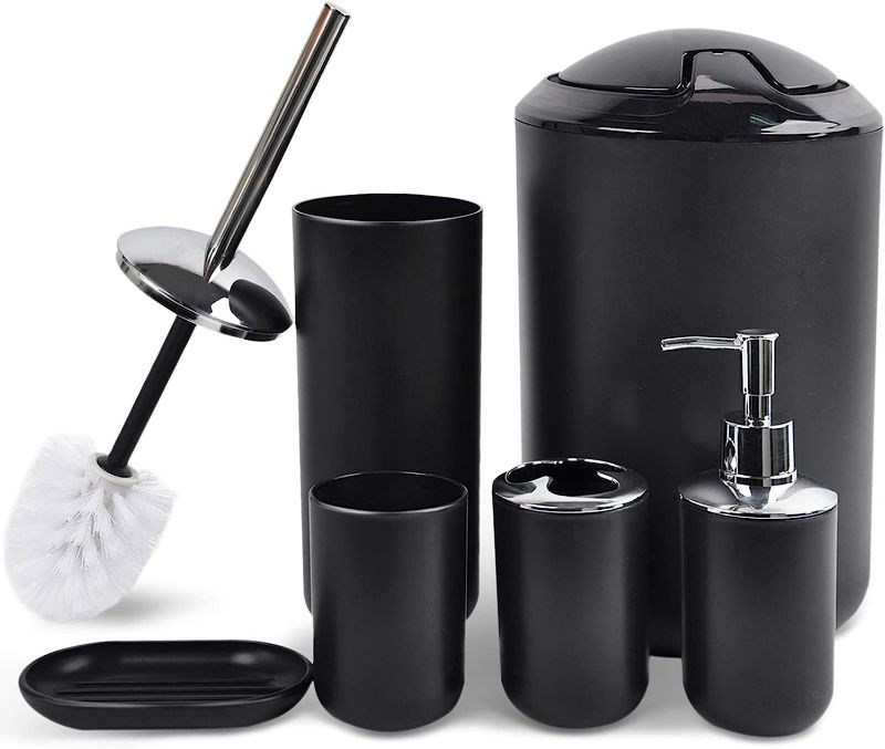 Photo 1 of CERBIOR Bathroom Accessories Set 6 Piece Bath Ensemble Includes Soap Dispenser, Toothbrush Holder, Toothbrush Cup, Soap Dish for Decorative Countertop and Housewarming Gift, Black
