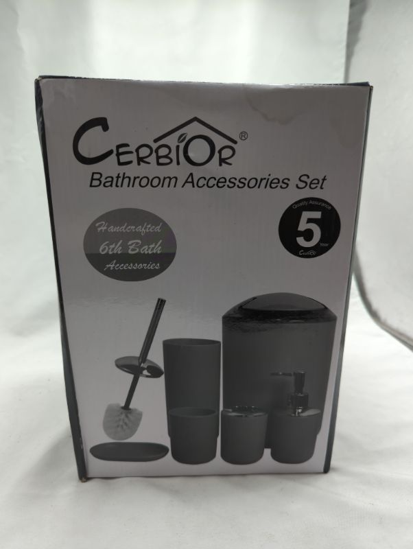 Photo 2 of CERBIOR Bathroom Accessories Set 6 Piece Bath Ensemble Includes Soap Dispenser, Toothbrush Holder, Toothbrush Cup, Soap Dish for Decorative Countertop and Housewarming Gift, Black
