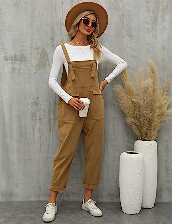 Photo 1 of Gihuo Women's Fashion Loose Fit Corduroy Bib Overalls Baggy Jumpsuits(Brown-M)
