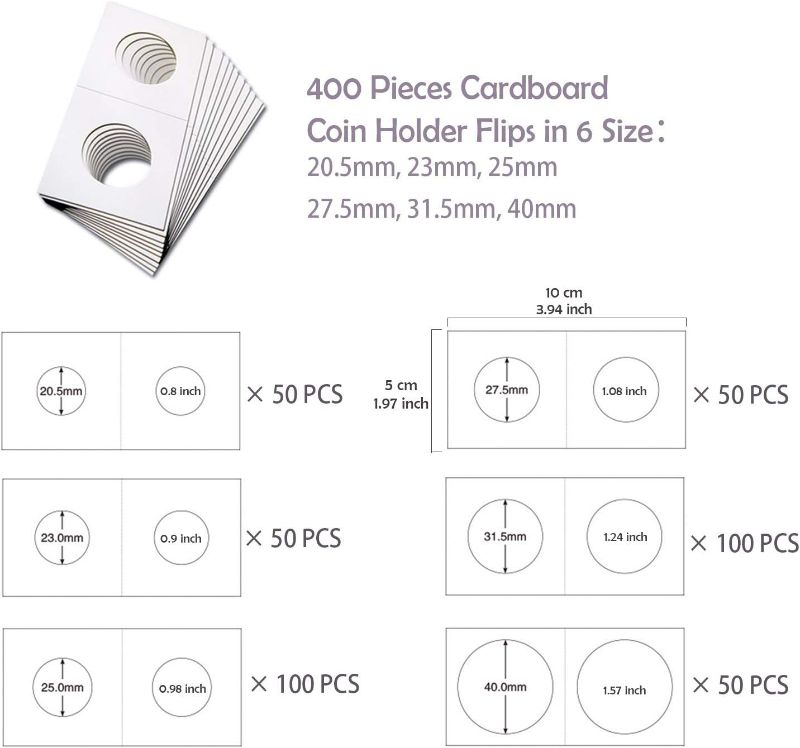 Photo 2 of 400PCS Coin Flip Mega Assortment Cardboard Coin Flips 2x2 Coin Holder Flip Mega Assortment 2 by 2 Inch for Coin Collection Supplies (6 Sizes)
