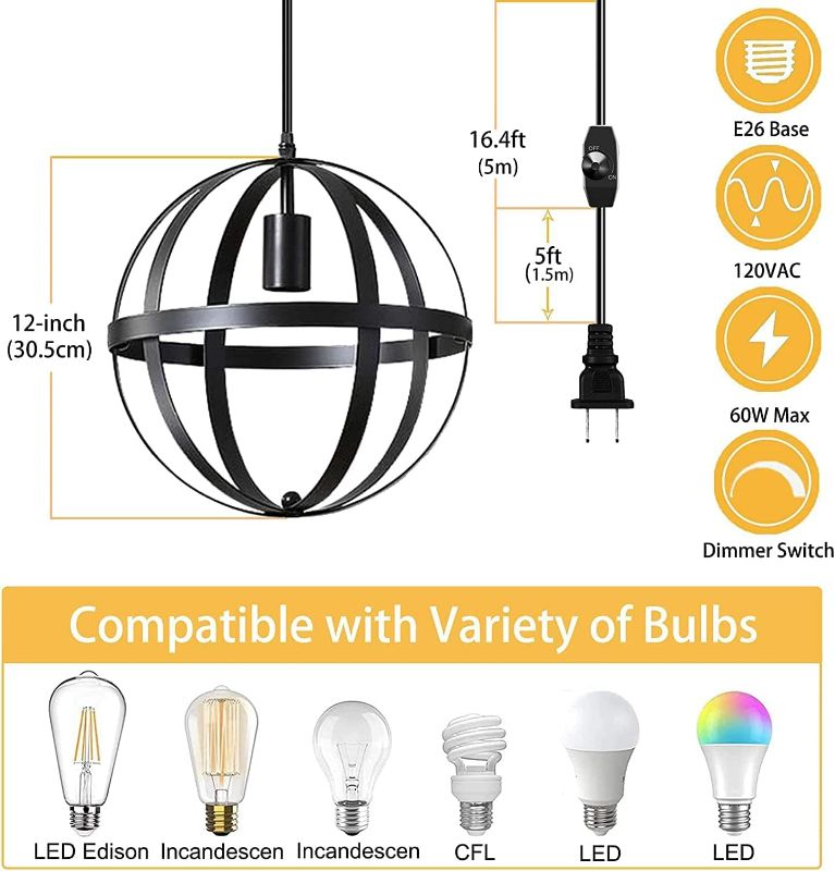 Photo 1 of Black Globe Industrial Pendant Light Fixtures with 16.4 Ft Hanging Cord and Adjustable Switch Rustic Vintage Modern Ceiling Chandelier for Kitchen Island Dining Room Table Foyer Entryway Hallway
