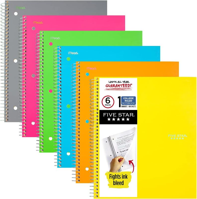 Photo 1 of Five Star Spiral Notebooks, 1 Subject, College Ruled Paper, 100 Sheets, 11 x 8-1/2 inches, Assorted Colors, 6 Pack (38057)
