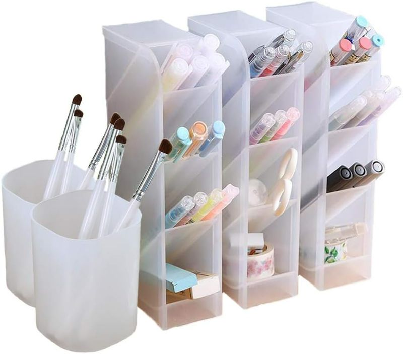 Photo 1 of Marbrasse 5 Pcs Desk Organizer- Pen Organizer Storage for Office, School, Home Supplies, Translucent White Pen Storage Holder, Set of 3, 2 Cups 14 Compartments (White)
