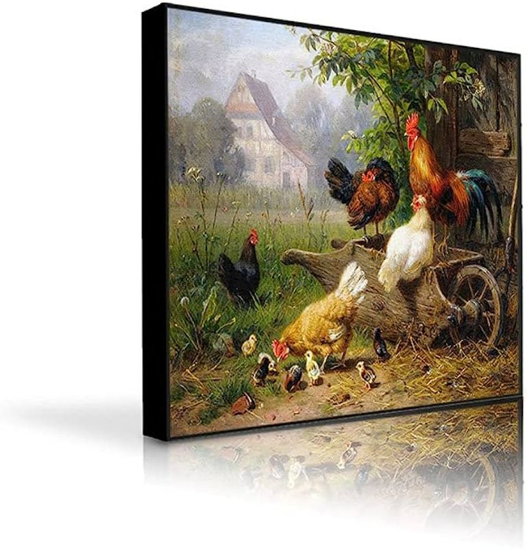 Photo 1 of Canessioa Framed Chicken Wall Art 16x12inch Rooster Biddy Painting Modern Rustic Style Artwork Field Landscape Farmhouse Picture Painting Kitchen Home Wall Decor Stable Farmland Poster Prints
