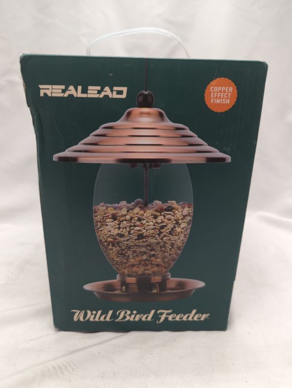 Photo 2 of REALEAD Bird Feeder, Wild Bird Feeders for Outside,Metal and Glass Bird Feeder with 3 lbs Seed Capacity, Bird Feeders for Outdoor Hanging for Garden Yard Copper Effect Finish