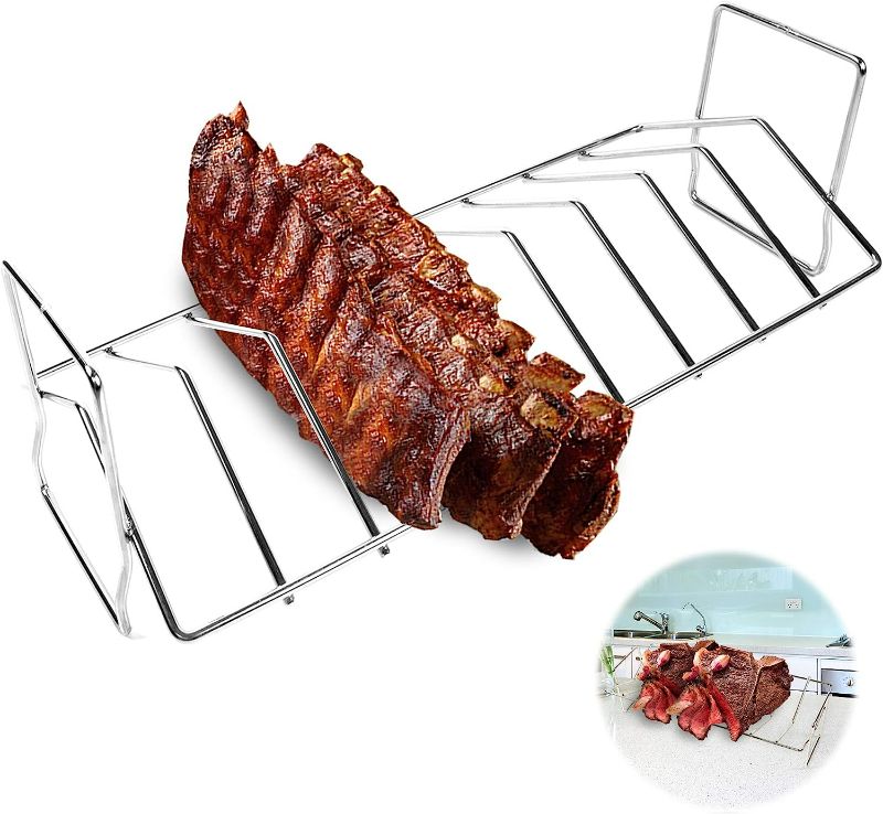 Photo 1 of CHARAPID Dual-use BBQ Rib Roast Rack, 304 Stainless Steel Smoker Rack for 18” or Larger Grills, Holds up to 6 Racks of Ribs
