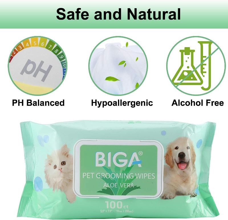 Photo 1 of BIGA Deodorizing Hypoallergenic Pet Wipes with Fragrance Free Natural Organic for Cleaning Face Butt Eyes Ears Paws Teeth 100ct per Pack (Pack of 4)
