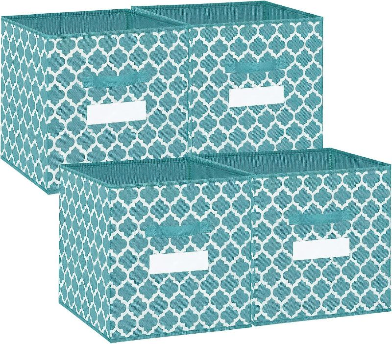 Photo 1 of homyfort Cube Storage Organizer Bins 13x13 - Fabric Storage Cubes Bin Foldable Baskets Square Box with Labels and Dual Handles for Shelf, Nursery, Cabinet, Clothes, Toys, Set of 4 (Teal Blue)
