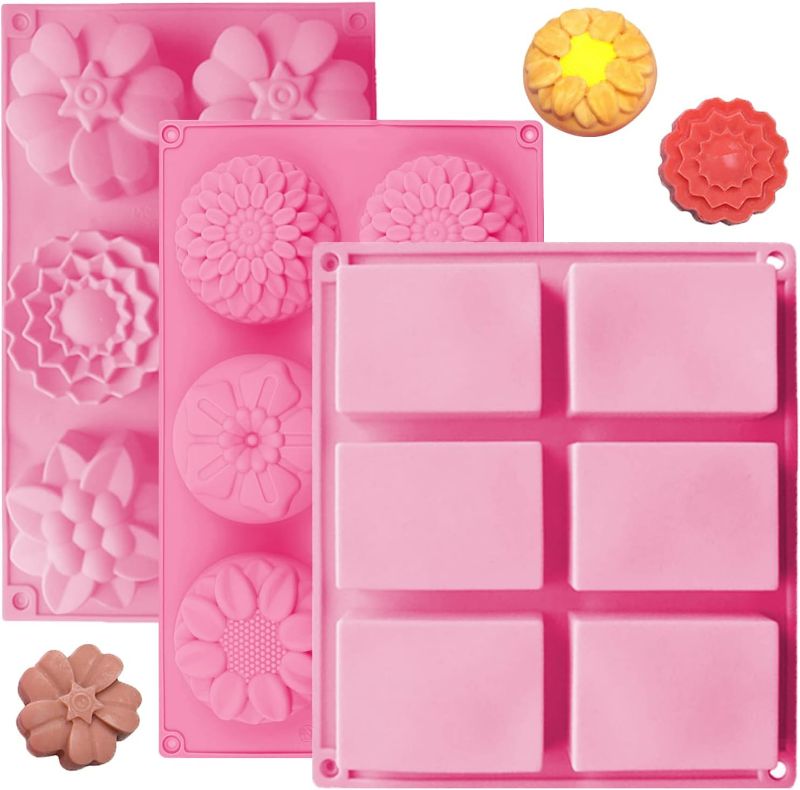 Photo 1 of OBSGUMU 3 Pack Silicone Soap Molds,6 Cavities Flowers Soap Mold,Rectangle and Different Flower shapes, Perfect for Soap Making, Handmade Cake Chocolate Biscuit, Pudding (Pink)
