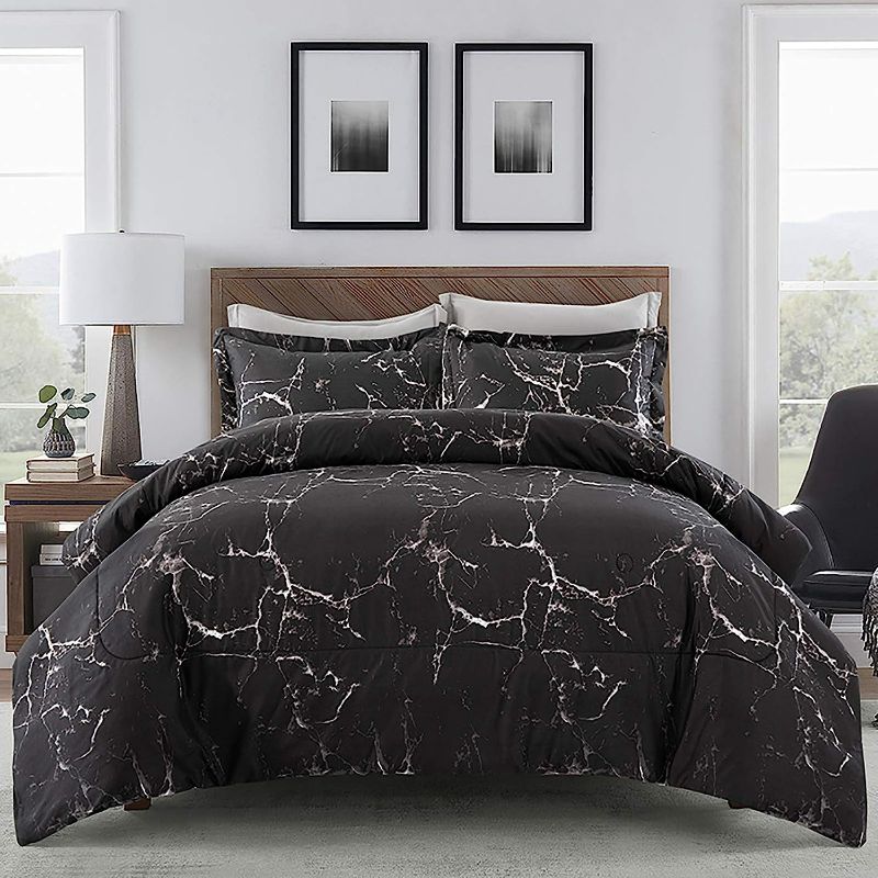 Photo 1 of ARTALL 3 Piece Printed Marble Comforter Set with 2 Shams, Soft Microfiber Bedding for All Season, King, Black
