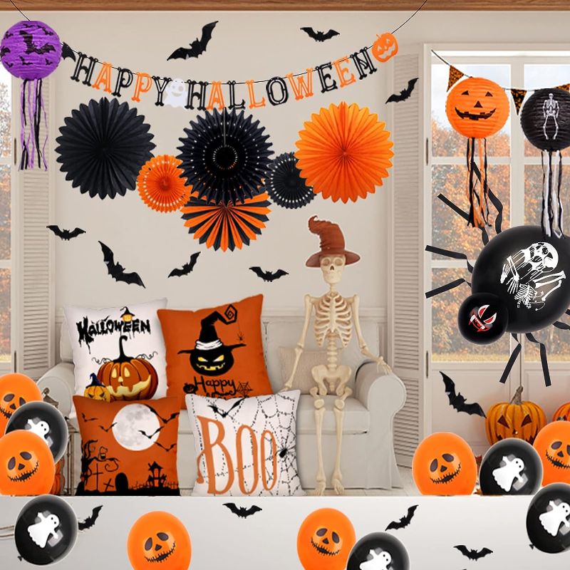 Photo 1 of  Halloween Party Decorations -Supplies Included Banner, Porch Sign, Curtains, Bat Sticker, Paper Fans, Balloons.