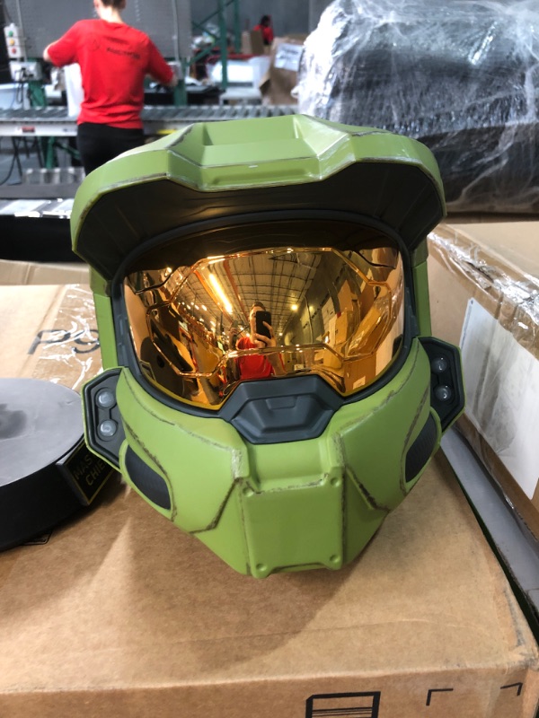 Photo 2 of HALO Master Chief Deluxe Helmet with Stand - LED Lights on Each Side - Battle Damaged Paint - One Size Fits Most - Build Your Halo Universe, Green