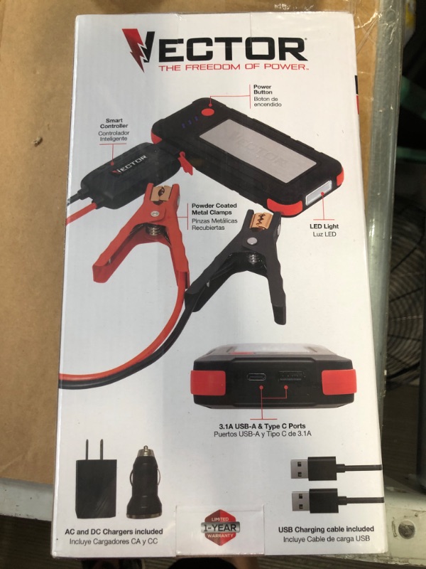 Photo 2 of VECTOR SS6LV 1200 Peak Amp Lithium Jump Starter Battery Booster, USB-A(2.1 Amps), USB-C(3.1 Amps), Power in & Out, LED Work Light, & Heavy Duty Powder Coated Clamps