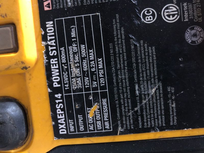 Photo 4 of **EXTREMELY USED, UNABLE TO TEST** DEWALT DXAEPS14 1600 Peak Battery Amp 12V Automotive Jump Starter/Power Station with 500 Watt AC Power Inverter, 120 PSI Digital Compressor, and USB Power