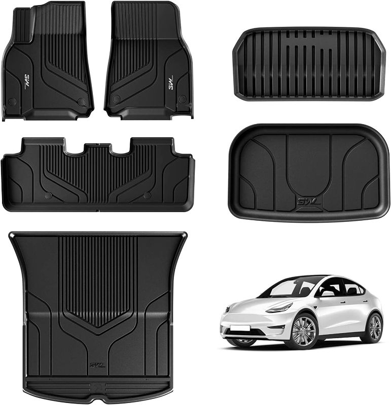 Photo 1 of 3W Tesla Model Y Floor Mats, All-Weather TPE Floor Liner Compatible for Tesla Model Y 2020-2023, Full Set Black Floor Mats and Cargo Liner Mat Accseeories Custom Fit for Tesla 5-Seater
