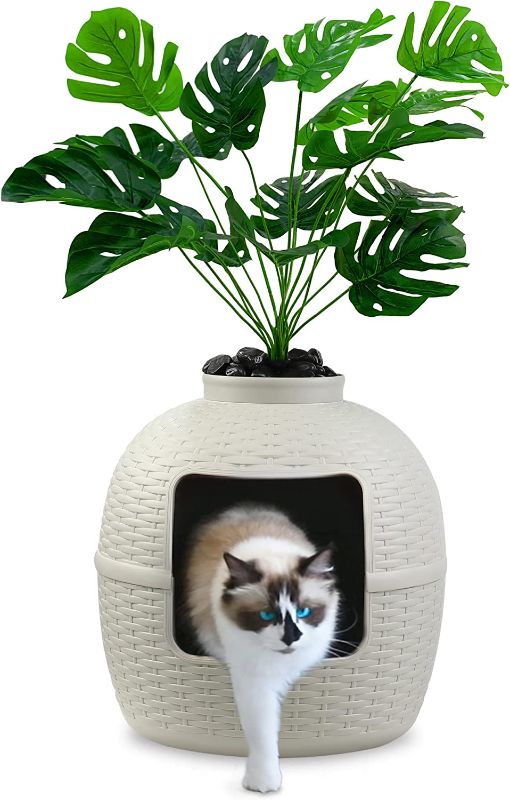 Photo 1 of **SEE NOTES**
keygarzone Plant Litter Box with Lid, Hidden Cat Litter Furniture with Rattan Pattern for Large Cat, PP Material Waterproof, Easy Assemble & Clean - Brown