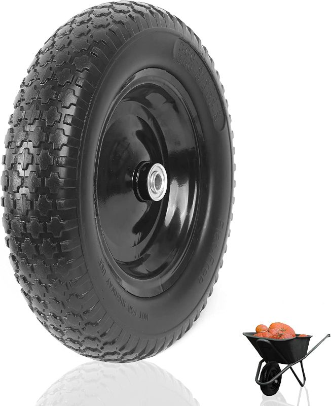 Photo 1 of 2-PACK) 4.80/4.00-8" Tire and Wheel - Universal Fit 16" Flat Free Solid Wheelbarrow Tires with 3" Hub and 5/8" Bearings – Extra Adapter kit includes 3/4" Ball Bearings, 1" and 1/2" Nylon Spacers