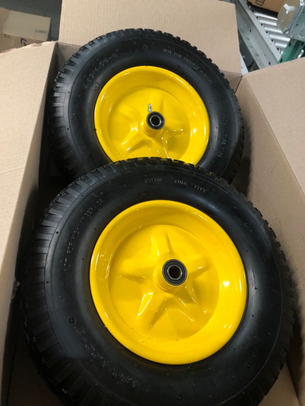 Photo 1 of 2-PACK) 4.80/4.00-8" Tire and Wheel - Universal Fit 16" Flat Free Solid Wheelbarrow Tires with 3" Hub and 5/8" Bearings – Extra Adapter kit includes 3/4" Ball Bearings, 1" and 1/2" Nylon Spacers