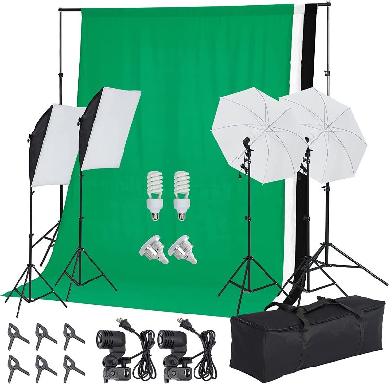 Photo 1 of **SEE NOTES**
PioneerWorks Photography Lighting kit with Backdrops, 8.5ftx10ft Backdrop Stand, 4 tripod stands and Bulb, Umbrella Softbox Continuous Lighting, Photo Studio Equipment for Portrait Product Photo Shoot
