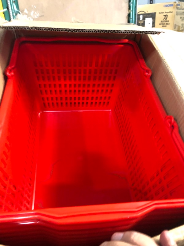 Photo 4 of 12 Pcs Shopping Baskets 20 L Plastic Shopping Baskets with Handles 16.9 * 11.8 * 9.1 Inches Store Baskets Retail Baskets with Handles for Market Grocery Supplies Thrift Convenience Storage (Red)