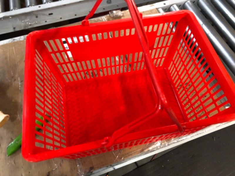 Photo 3 of 12 Pcs Shopping Baskets 20 L Plastic Shopping Baskets with Handles 16.9 * 11.8 * 9.1 Inches Store Baskets Retail Baskets with Handles for Market Grocery Supplies Thrift Convenience Storage (Red)