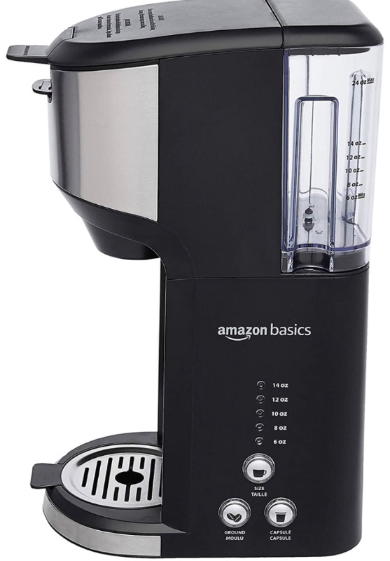 Photo 1 of Amazon Basics Dual Brew Single Serve Capsule Coffee Maker, 14 oz, Black and SS