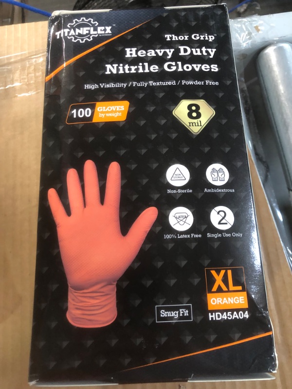 Photo 2 of TitanFlex Thor Grip Heavy Duty Industrial Orange Nitrile Gloves with Raised Diamond Texture, 8-mil, Latex Free, 100-ct Box 100 X-Large (Pack of 100)