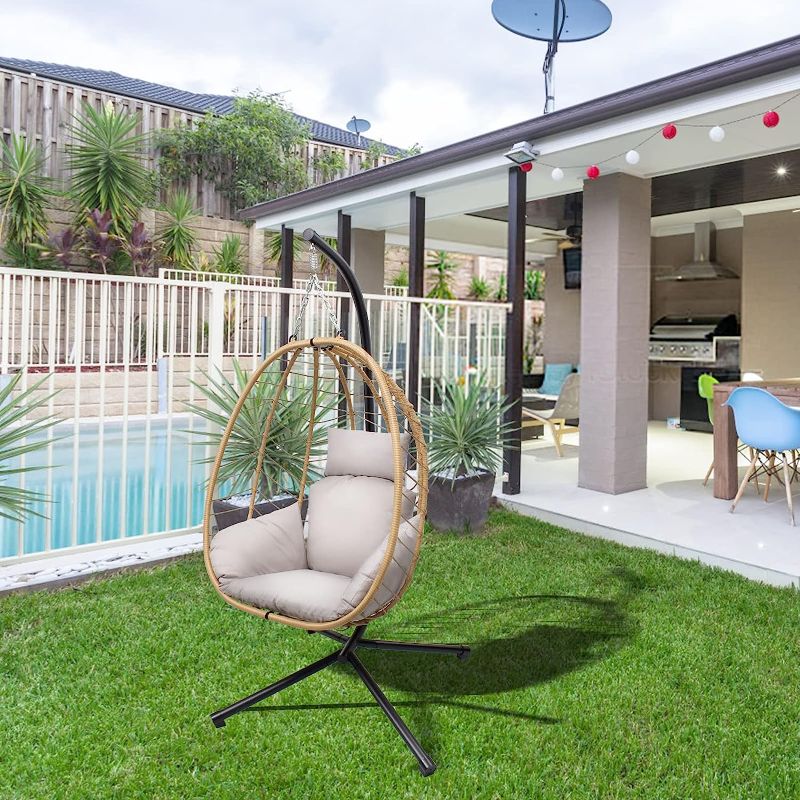 Photo 1 of  Outdoor Wicker Hanging Chair with Stand, Light Brown and Beige Light Brown + Beige + Black