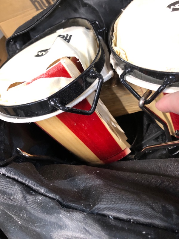 Photo 4 of *BROKEN* RockJam 7" and 8" Bongo Drum Set with Padded Bag and Tuning Key, Red and Natural Stripe