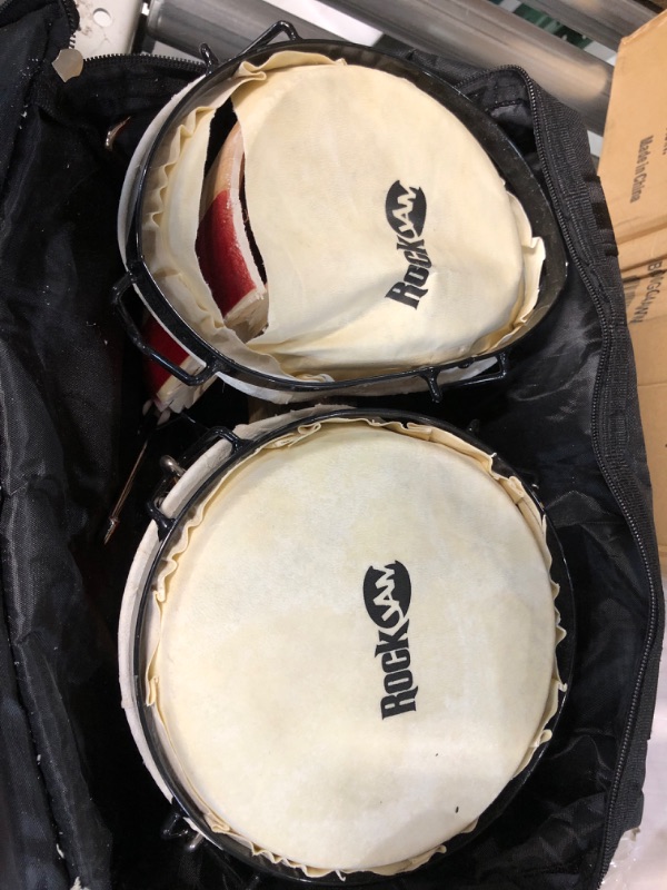 Photo 3 of *BROKEN* RockJam 7" and 8" Bongo Drum Set with Padded Bag and Tuning Key, Red and Natural Stripe