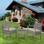 Photo 1 of 3-Pieces Rattan Wicker Patio Conversation Set Outdoor Table and Chairs with Gray Cushions