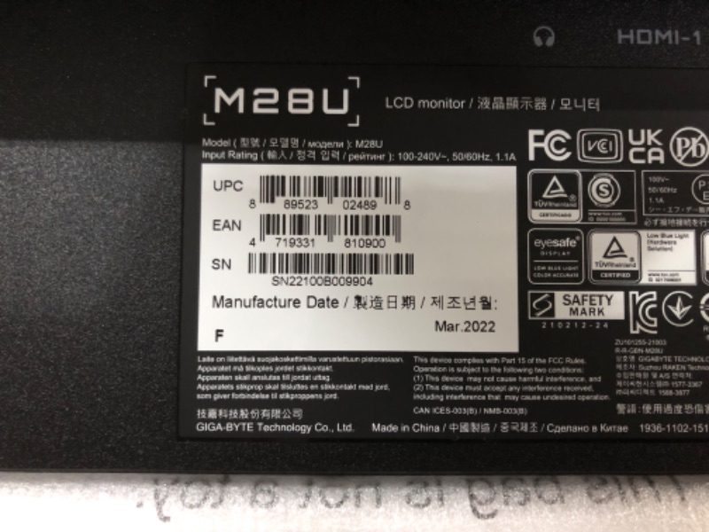 Photo 1 of GIGABYTE M28U 28" 144Hz Gaming Monitor, 3840 x 2160 SS IPS Display, 2ms (MPRT) Response Time, 9?4% DCI-P3, VESA Display HDR400, FreeSync Premium Pro, 1x Display Port 1.4, 2x HDMI 2.1 28 inch Flat|4K|IPS M Series 144Hz