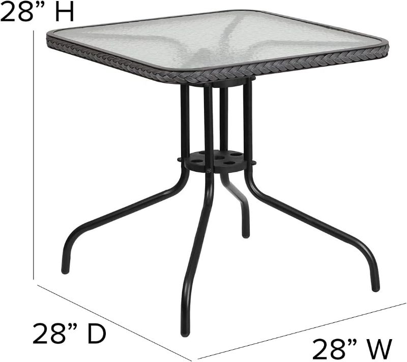 Photo 1 of ***MISSING HARDWARE*** Flash Furniture Barker 28'' Square Tempered Glass Metal Table with Gray Rattan Edging