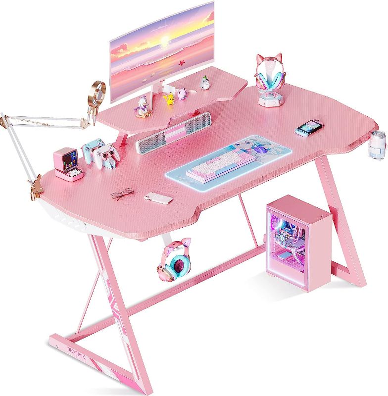 Photo 1 of *PARTS ONLY* Pink Gaming Desk Z-Shaped Sturdy Gaming Table with Monitor Stand, Cup Holder 