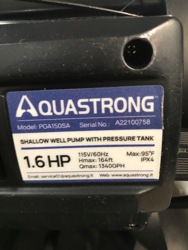 Photo 4 of *UNTESTED* Aquastrong 1.6HP Shallow Well Pump with Pressure Tank, 1320GPH, 115V, Stainless Steel Irrigation Pump