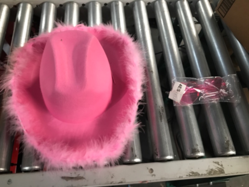 Photo 2 of 4E's Novelty Cowboy Hat with feathers With Heart Shaped Sunglasses for Women, Cowgirl Hat for Women Party Dress Up Pink