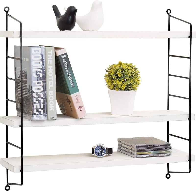 Photo 1 of [Like New] MyGift 23-Inch Floating Shelves Industrial Metal and Vintage White Wood Adjustable Wall Mounted 3-Tier Storage Shelf 
