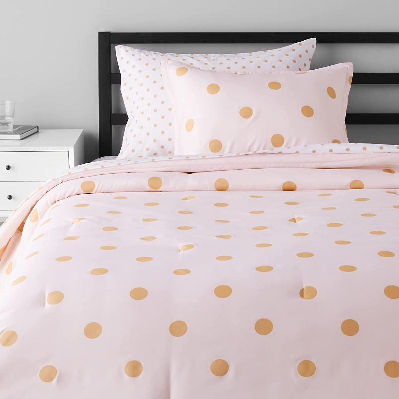 Photo 1 of Amazon Basics 5-Piece Lightweight Microfiber Bed-in-a-Bag Comforter Bedding Set - Twin/Twin XL, Gold Dots on Pink