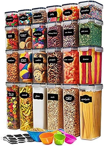 Photo 1 of 24 Pack Airtight Food Storage Container Set - BPA Free Clear Plastic Kitchen and Pantry Organization Canisters with Durable Lids for Cereal, Dry Food Flour & Sugar - Labels, Marker & Spoon Set