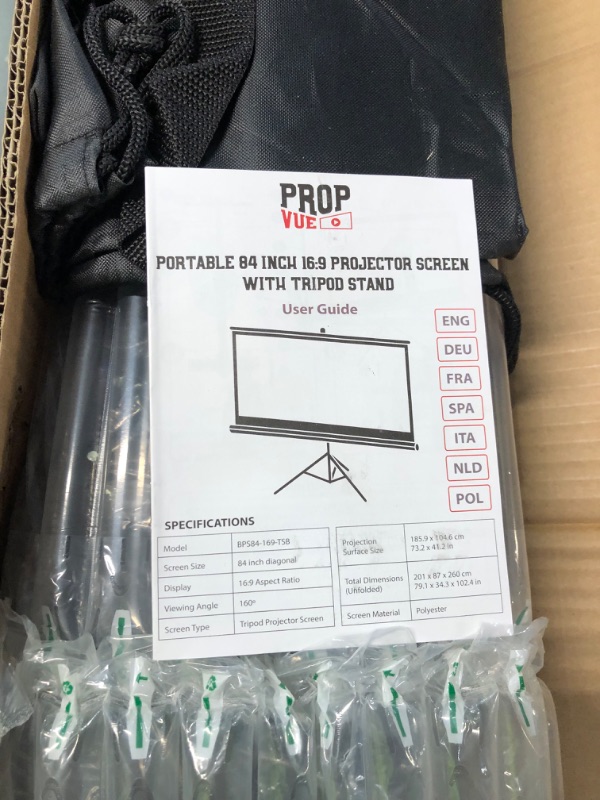 Photo 5 of Projector Screen with Stand 84 inch - Indoor and Outdoor Projection Screen for Movie or Office Presentation - 16:9 HD Premium Wrinkle-Free Tripod Screen for Projector with Carry Bag and Tight Straps Black 84 Inch 16:9 Aspect Ratio