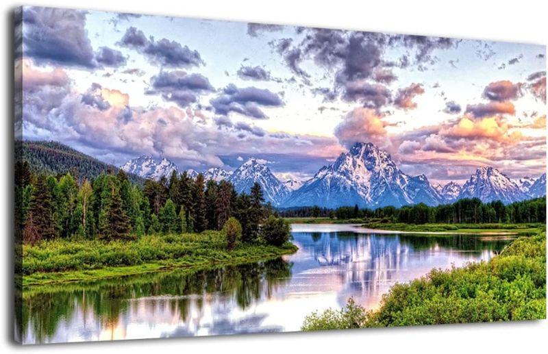 Photo 1 of [Minor Damage] Canvas Wall Art Nature Painting Oxbow Bend Grand Teton National Park - 24" x 48"
