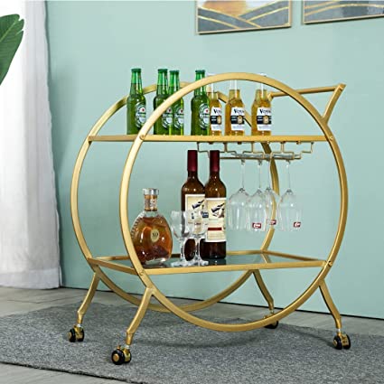 Photo 1 of [Brand New] HEONITURE Round Gold Bar Cart 2 Mirrored Shelves Bar Serving Cart w/ Wheels 
