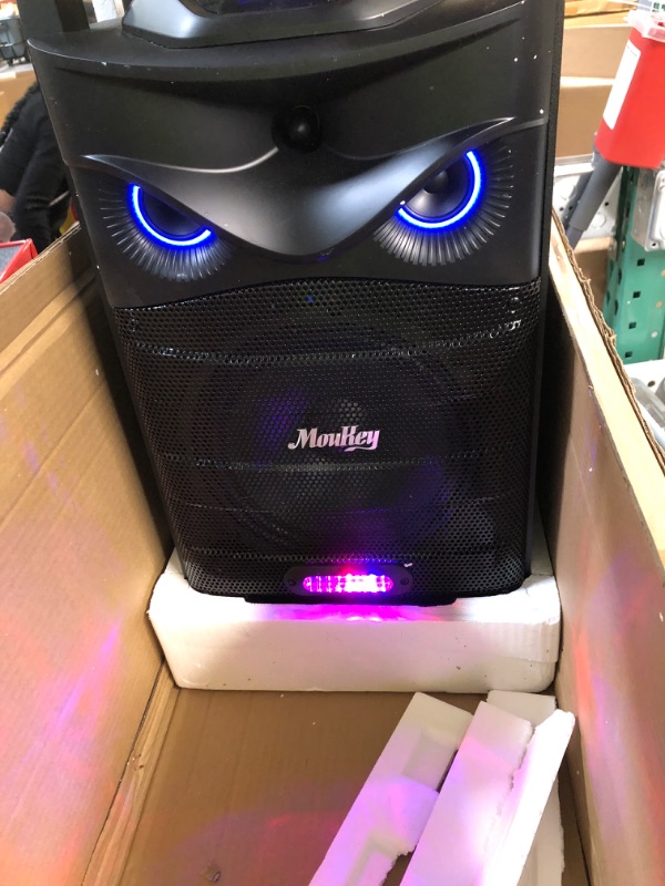 Photo 3 of Moukey Karaoke Machine, PA System Subwoofer, Portable Bluetooth Speaker w/ 2 Wireless Microphones, Lyrics Display Holder, Party Lights & Echo/Treble/Bass Adjustment, Support TWS/REC/AUX/MP3/USB/TF/FM 10" Subwoofer/MISSING MIC PARTS 