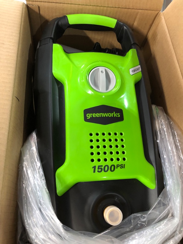 Photo 2 of **PARTS ONLY**
 Greenworks 1500 PSI 1.2 GPM Pressure Washer (Upright Hand-Carry) PWMA Certified