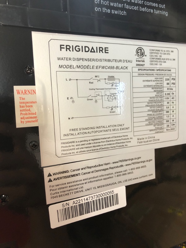 Photo 3 of *UNTESTED* Frigidaire EFWC498 - Top Loading Cooler Dispenser - Hot & Cold Water - Child Safety Lock, Holds 3 or 5 Gallon Bottles - Black