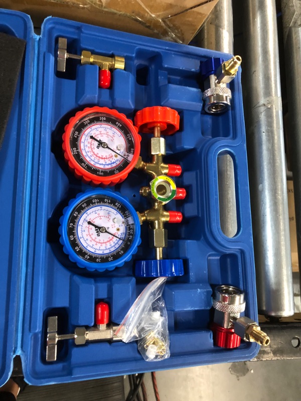 Photo 4 of *USED * Orion Motor Tech AC Gauges, AC Manifold Gauge Set for R134a R12 R502 Refrigerant, 3 Way Car AC Gauge Set with 5FT Hoses Couplers & Adapter, Puncturing & Self Sealing Can Tap Freon Charge Kit