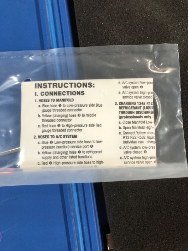 Photo 2 of *USED * Orion Motor Tech AC Gauges, AC Manifold Gauge Set for R134a R12 R502 Refrigerant, 3 Way Car AC Gauge Set with 5FT Hoses Couplers & Adapter, Puncturing & Self Sealing Can Tap Freon Charge Kit