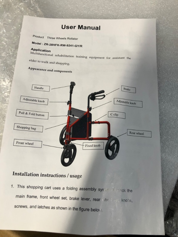Photo 1 of *Minor Scratches* Zler 3 Wheel Foldable Rollator Walker with Height Adjustable Handles, Support Up to 300 lbs, Gray