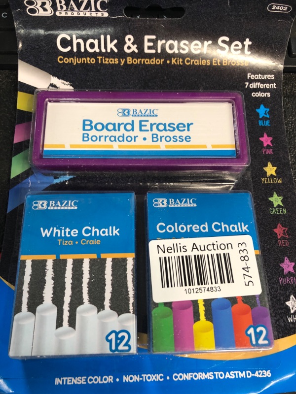 Photo 2 of 6 Pk, 12 Color and 12 White Chalk with Eraser Sets, Assorted